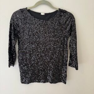 J.‎ Crew Black Sequin Long Sleeve Top Womens XS Sparkle Party Glam Evening